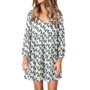 WMNS Med Abstact Print Babydoll Mini Dress Boho Peasant Sleeve Geometric Swing